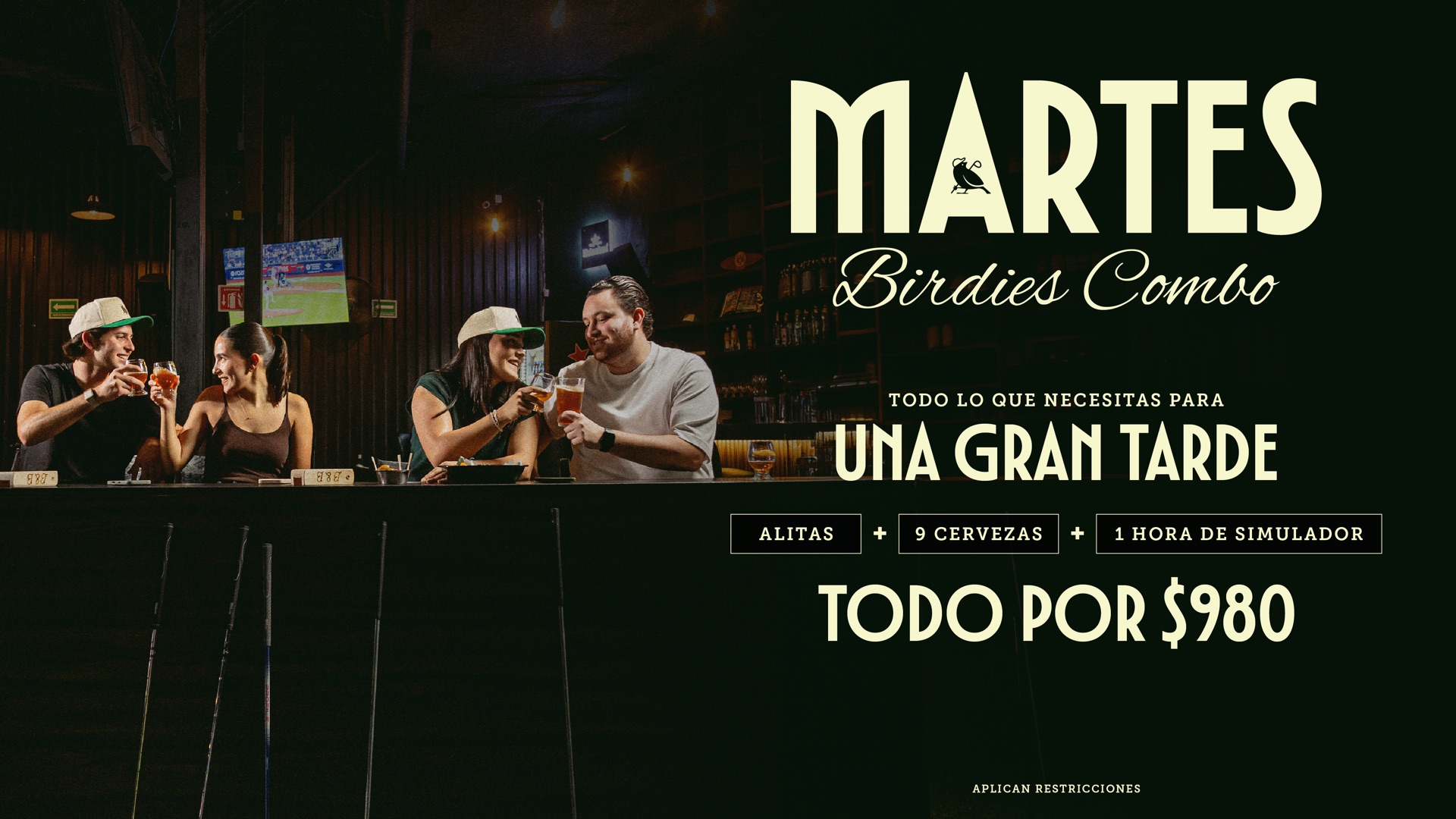 Martes Birdies Combo: alitas, nueve cervezas y una hora de simulador por 980 pesos